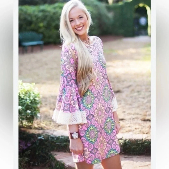 Anthropologie Judith March Pink Crochet Sleeve Hippie Boho Vibes Dress Size Med - Picture 1 of 3